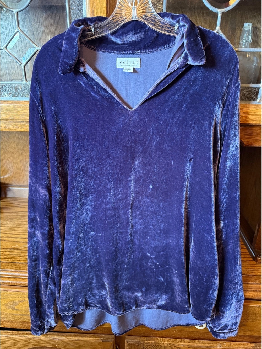 Velvet by Graham Spencer Crushed Velvet Top XL Purple/Indigo V Neck Long Sleeve